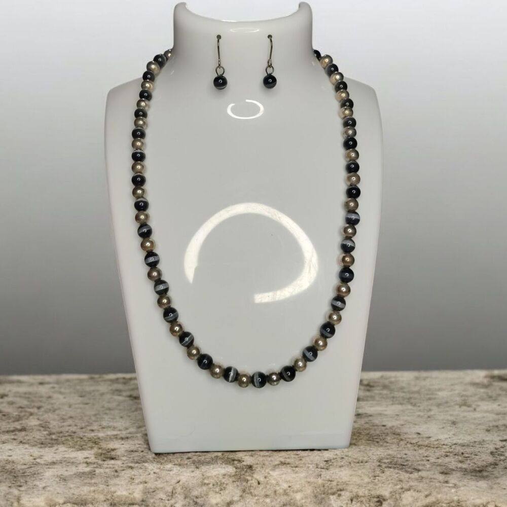 Kim Rogers Necklace Earrings Set Black Gray Glass Bead Dangle Gift Box Jewelry 3